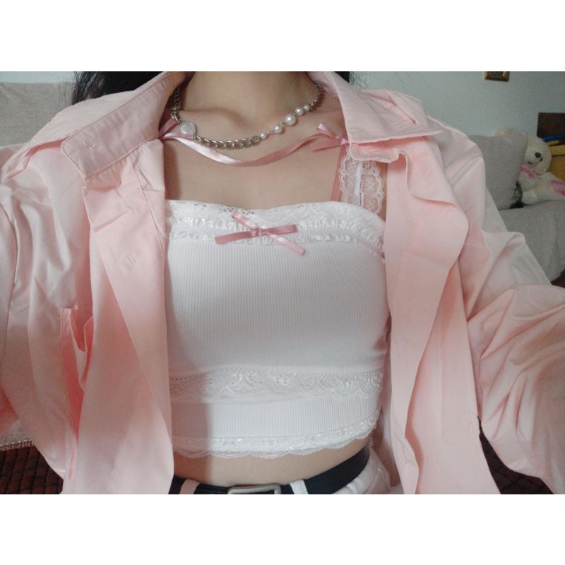 Áo yếm ren len ngọt ngào thắt nơ lolita xinh xắn có ảnh thật