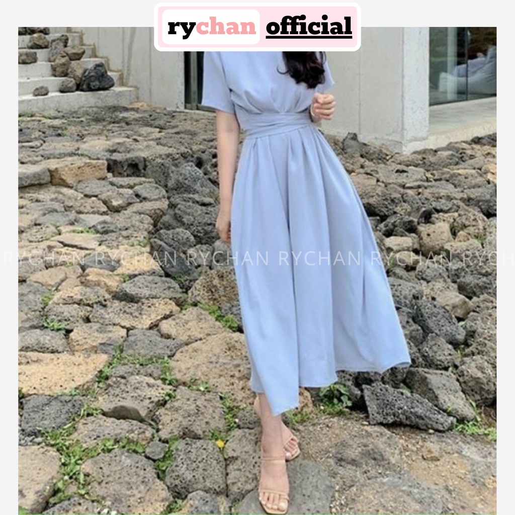 [ẢNH THẬT CUỐI] Đầm Nữ Đi Du Lịch Dáng Xòe Cổ Tròn Tay Ngắn Chéo Eo Đơn Giản Thoải Mái Màu Xanh Biển - DX9923