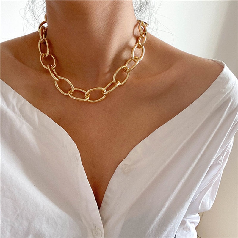 Dây chuyền Choker nữ bằng hợp kim dày phong cách Hiphop màu vàng đồng