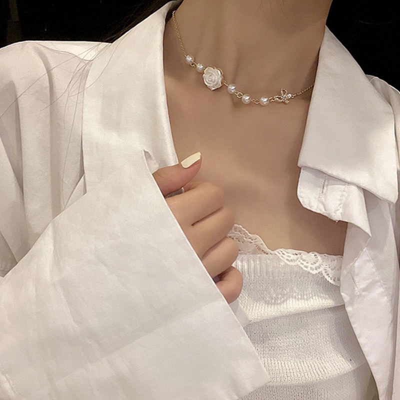 Vòng cổ Ahellogirl hình hoa hồng đính ngọc trai phong cách cổ điển thời trang cho nữ