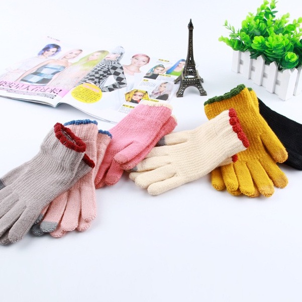 GT09 Găng tay nữ len viền ren trơn phối màu sắc sang trọng