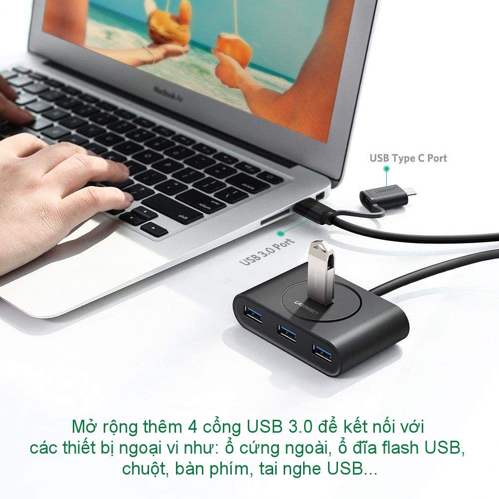 Bộ chia cổng USB 3.0 / USB type C sang 4 cổng USB 3.0 dài 1m UGREEN 40850 - Hàng phân phối chính hãng Bảo hành 18 tháng