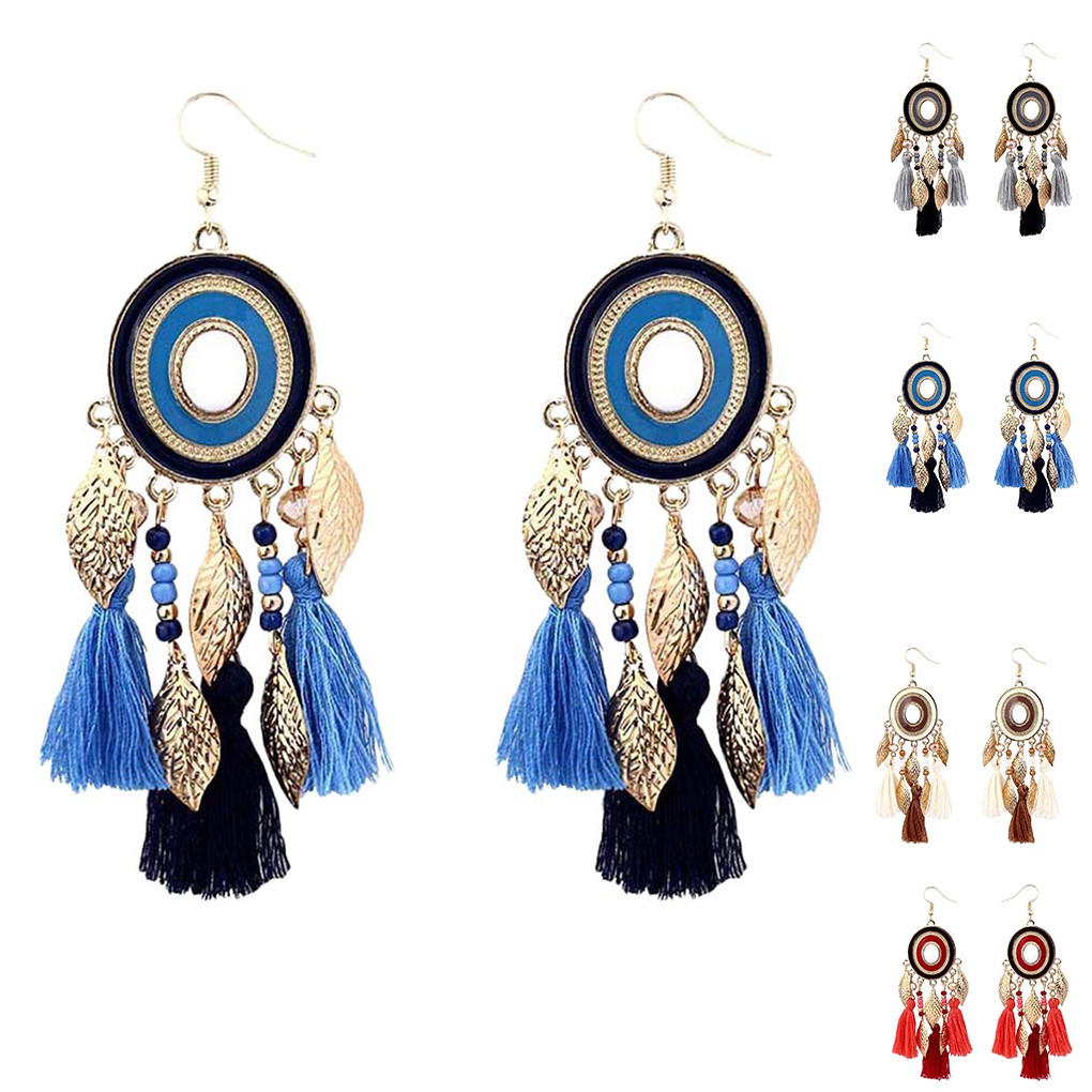 1 Đôi Bông Tai Hình Chiếc Lá Tua Rua Phong Cách Bohemian Cho Nữ