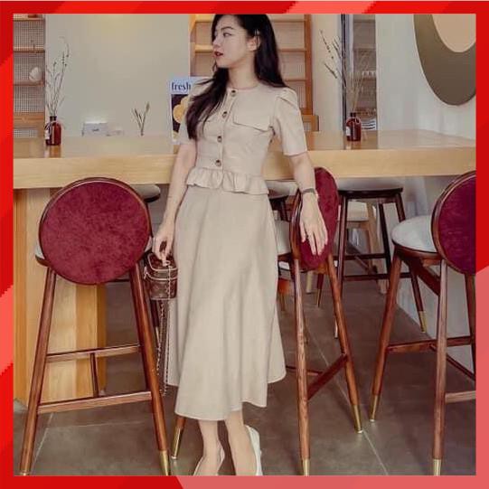 Set Đồ Nữ Áo Peplum Tay Bồng Cài Cúc Mix Chân Váy Midi Màu Be Xinh Xắn - S75 Thời Trang Nữ