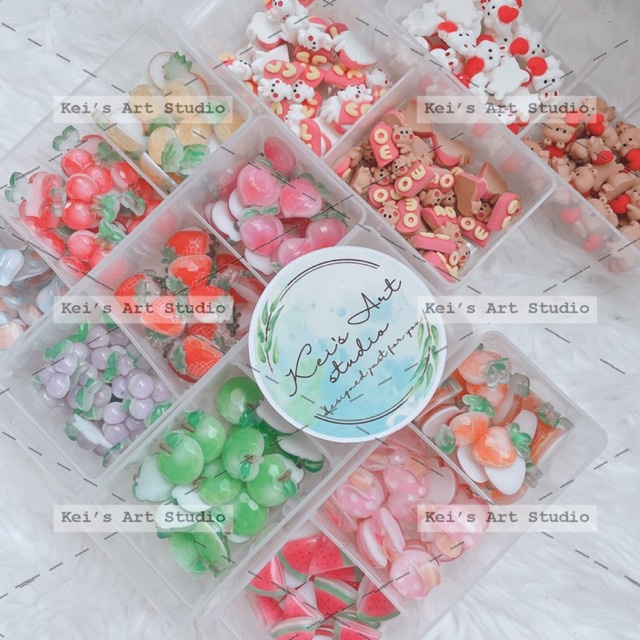 Charm trang trí toploader hình trái cây, charm gấu đôi, charm đào, nho, táo, thơm, dâu, dưa hấu, cherry,...