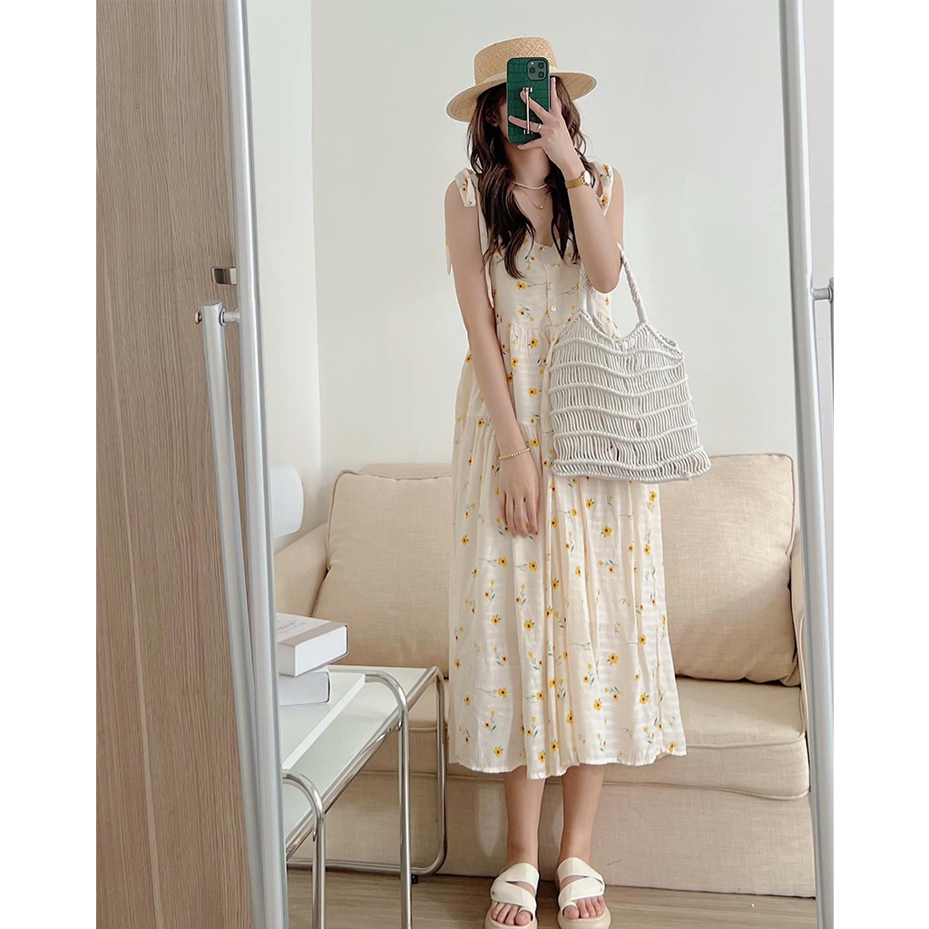 Váy 2 dây hoa nhí dáng dài đầm hai dây babydoll maxi đi biển vintage