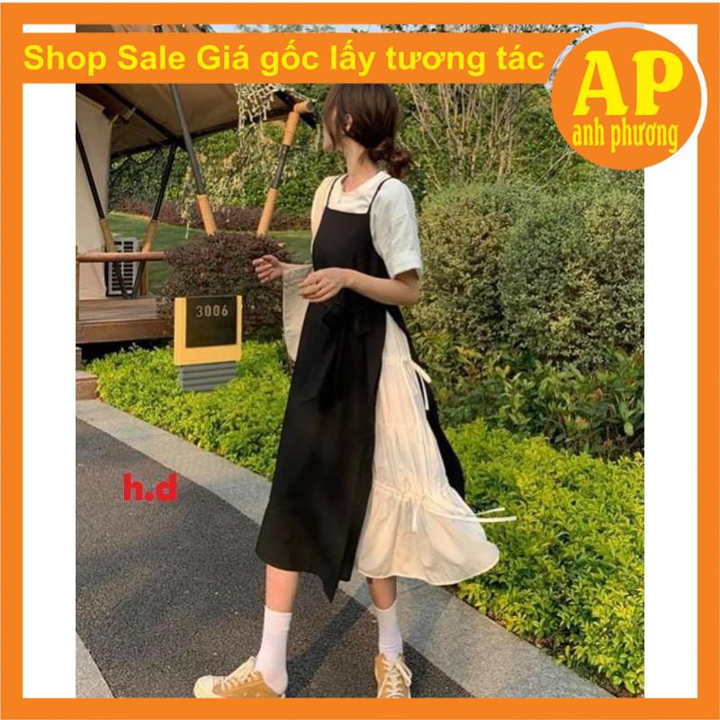 [Mã FAMAYWA2 giảm 10K đơn 50K] Sét Váy 2 dây đi biển buộc eo Vintage Tiểu thư + áo thun trắng phong cách Hàn Quốc | BigBuy360 - bigbuy360.vn