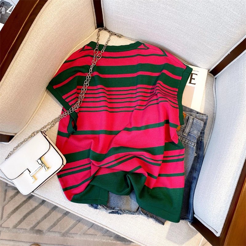 Áo sweater Sát Nách Cổ Tròn Dáng Suông Kẻ Sọc Ngang Màu Sắc Tương Phản Thời Trang Hè Cho Nữ