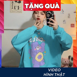 Áo thun TAY DÀI nữ ULZZANG freesize phông form rộng dáng unisex mặc cặp, nhóm, lớp in hình GẤU GIGLLE MÀU XANH NGỌC