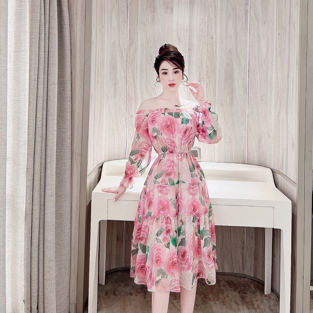 Đầm hoa siêu xinh 🔸 HÀNG CAO CẤP 🔸 váy nữ trễ vai chất liệu tơ mềm mát, không bai xù và có độ co giãn nhẹ | BigBuy360 - bigbuy360.vn