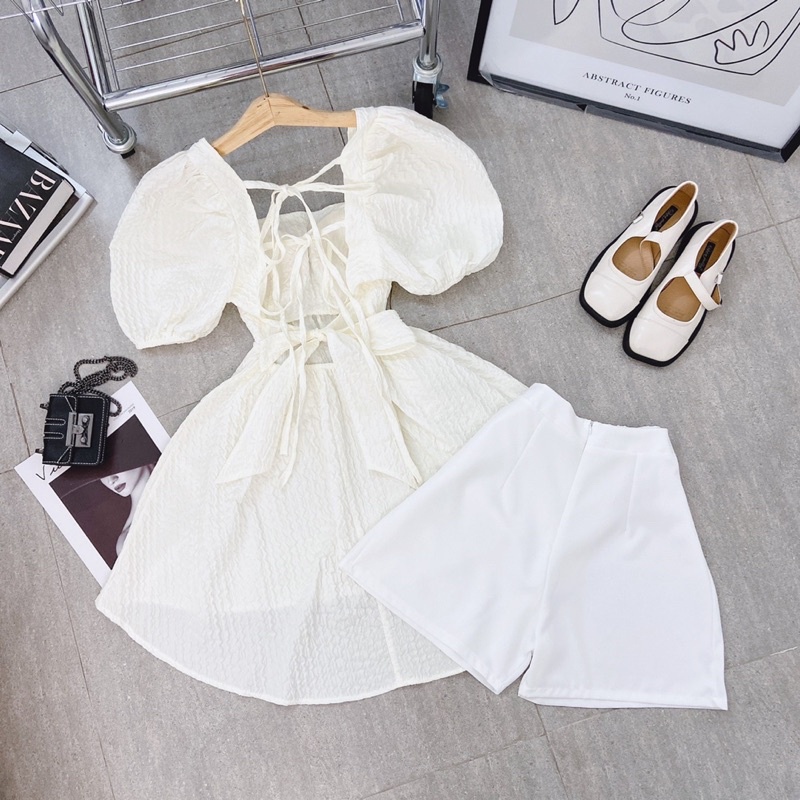 SET BBD XỐP KEM NƠ LƯNG SHORT TRẮNG