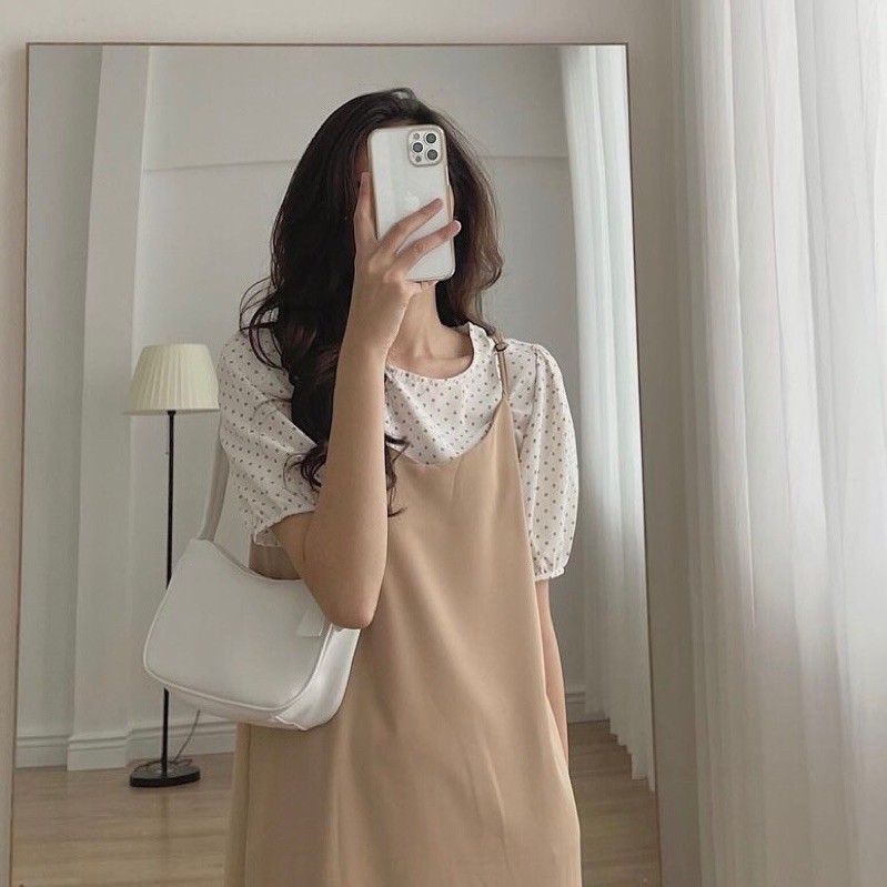 Set váy yếm kèm áo chấm bi ulzzang!!!