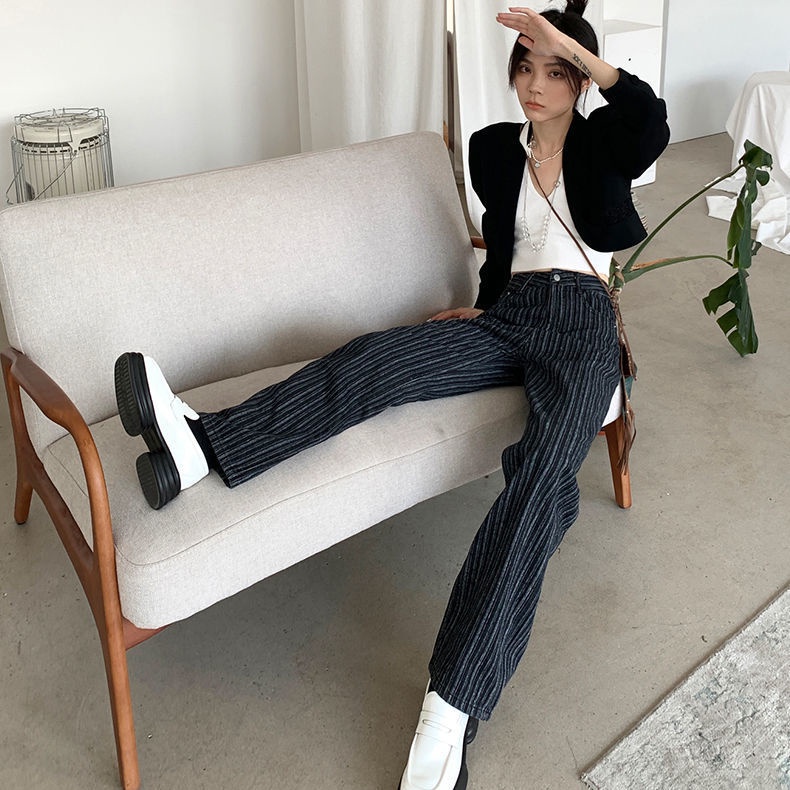 ☏△∏ Quần Jean Ống Rộng Kẻ Sọc Dọc Màu Đen Phong Cách Âu Mỹ Thời Trang Xuân Thu 2022 Cho Nữ