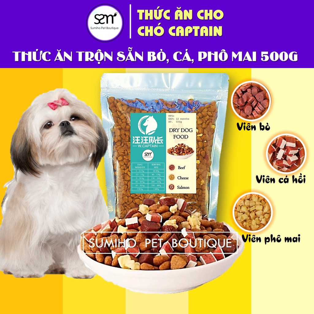 [Mã PET50 giảm 10% - tối đa 50K đơn 250K] Hạt thức ăn cho chó Captain (500g) trộn lẫn thịt bò, phô mai, cá hồi, rau củ