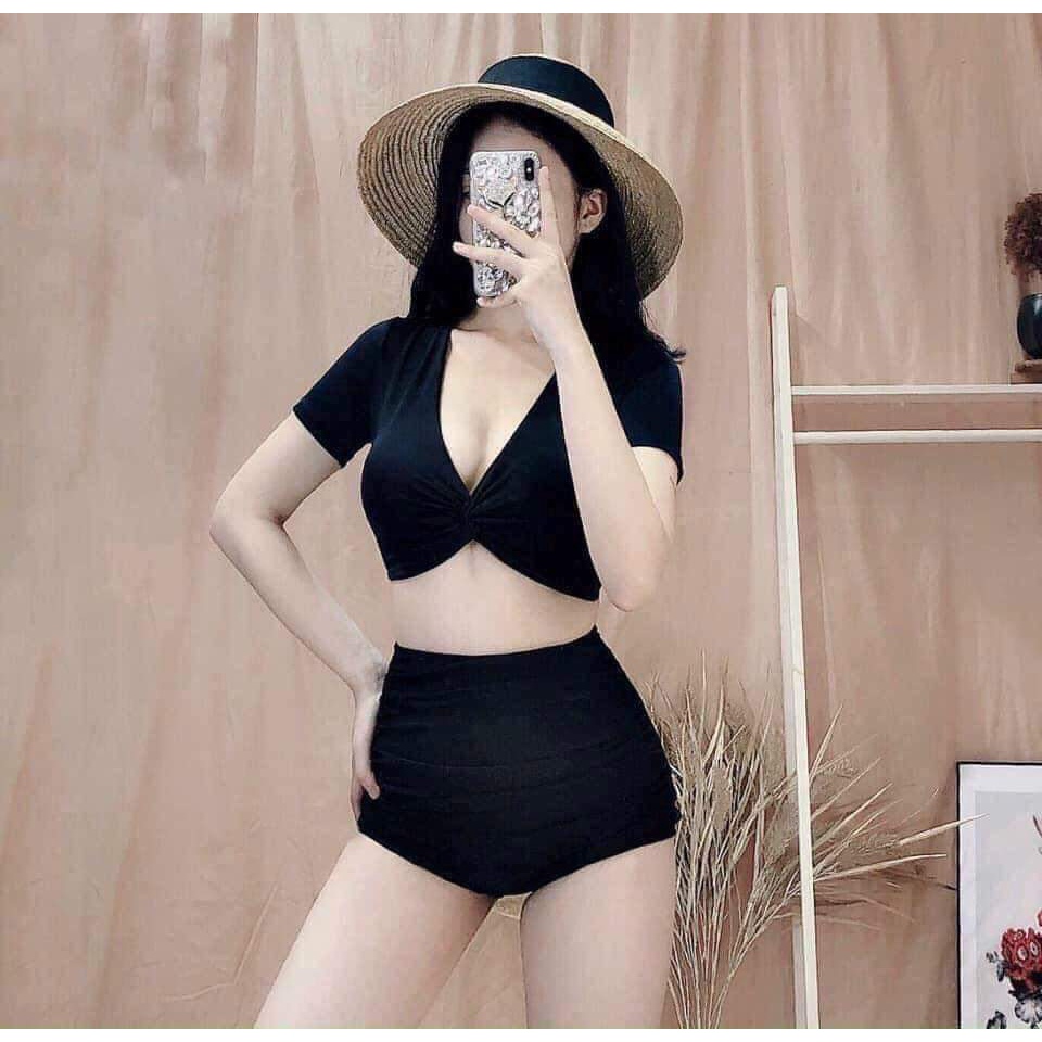 Đồ bơi nữ kín đáo bikini 2 mảnh áo croptop tay ngắn xoắn ngực nhiều màu phối quần lưng cao che khuyết điểm