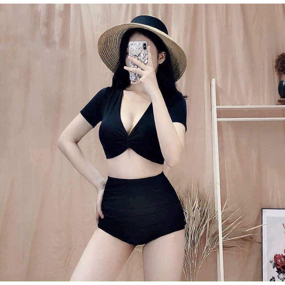 Đồ bơi nữ kín đáo bikini 2 mảnh áo croptop tay ngắn xoắn ngực nhiều màu phối quần lưng cao che khuyết điểm | BigBuy360 - bigbuy360.vn