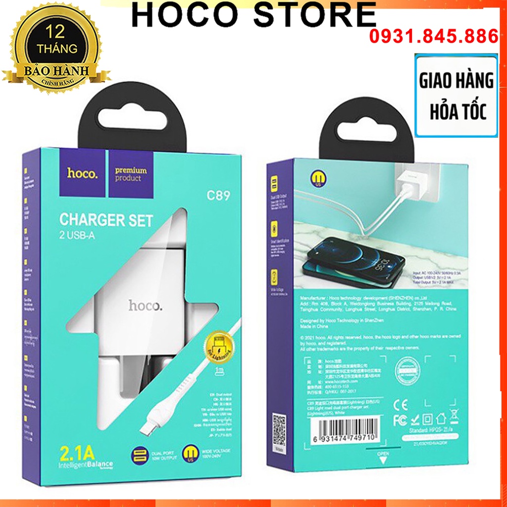 ⚡Mới⚡Bộ sạc nhanh cho ip/tablet táo siêu bền Hoco C89 2 cổng USB dây sạc nhanh 2.1A cáp dài 1M-