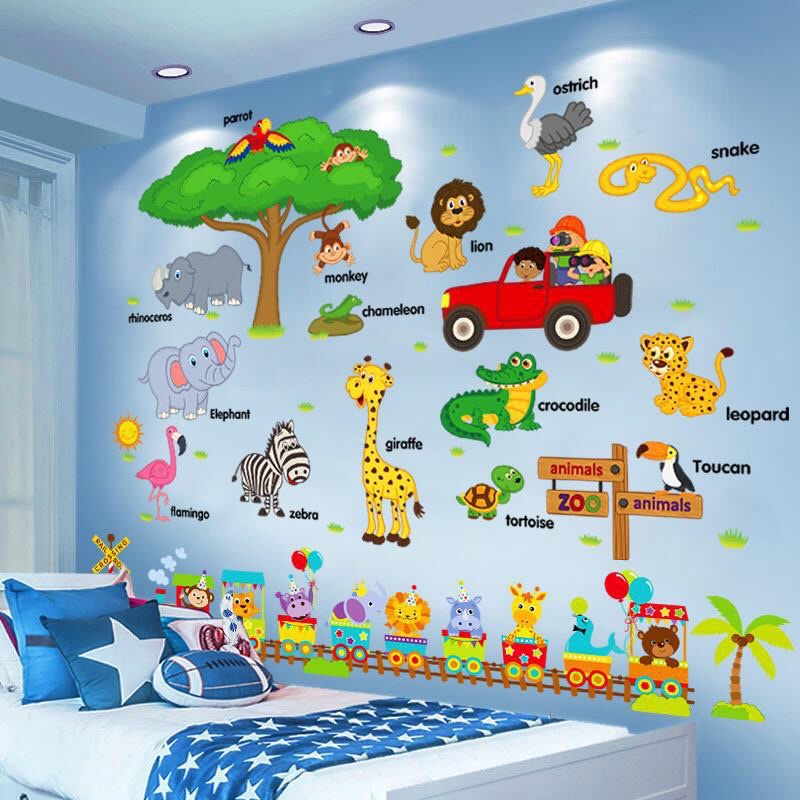 Decal dán tường cho bé đoàn tàu và các con vật