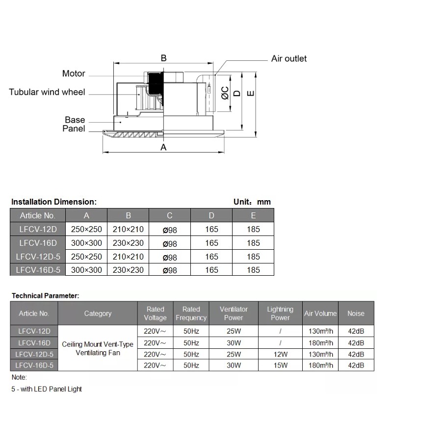 Quạt thông gió, quạt hút gió âm trần-ốp trần không đèn LED Model LAVFILL LFCV-12D