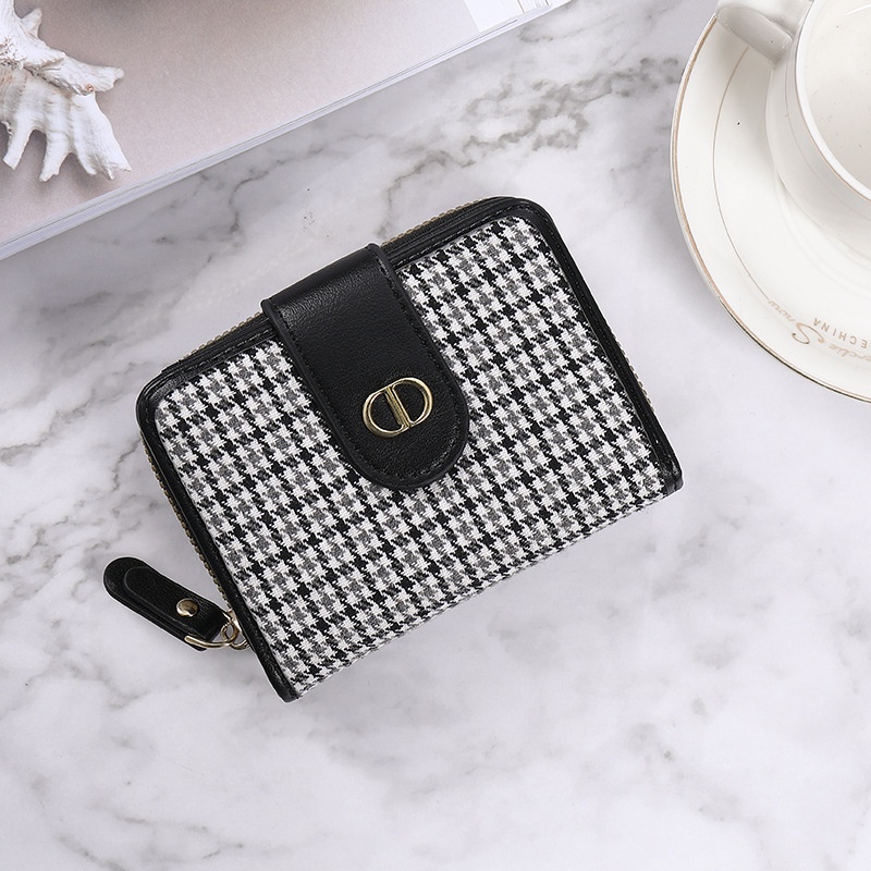 Ví Vải Canvas Dáng Ngắn In Họa Tiết Houndstooth Cá Tính Cho Nữ
