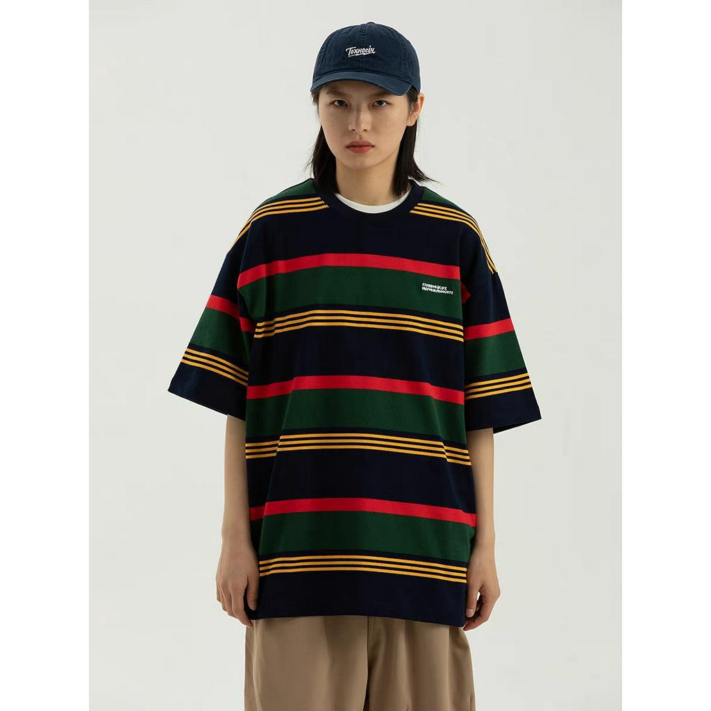 Áo Thun Cotton Tay Ngắn Dáng Rộng Họa Tiết Kẻ Sọc Phong Cách Vintage Cho Cặp Đôi (M-2xL)