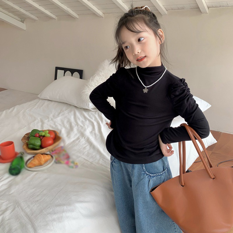 Áo Cổ Lọ Tay Phồng Thời Trang Xuân Thu Phong Cách Hàn Quốc Cho Bé Gái