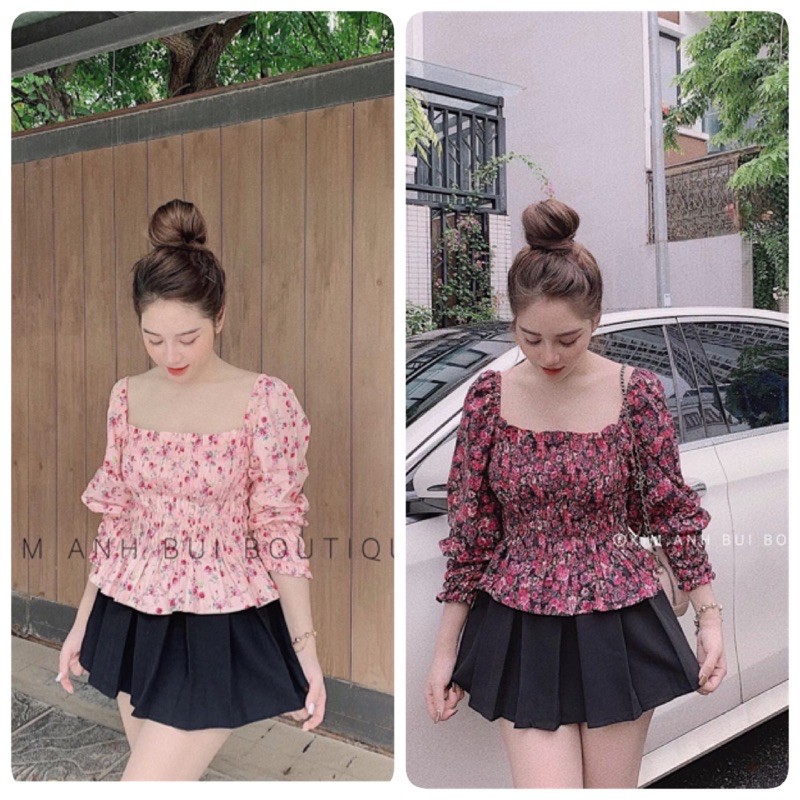 Áo kiểu chun thân hoa dài tay, Áo hoa cổ vuông vai bồng AK1558 - NhiNhiShop