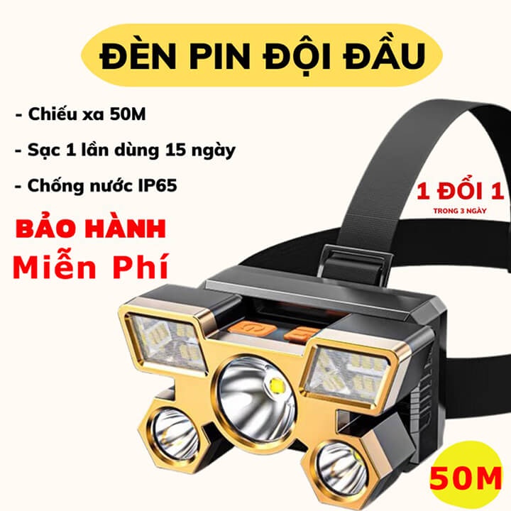 Đèn pin đội đầu siêu sáng 5 bóng Led chiếu xa 50m, chống thấm nước, đèn pin đeo trán sạc tích điện pin trâu