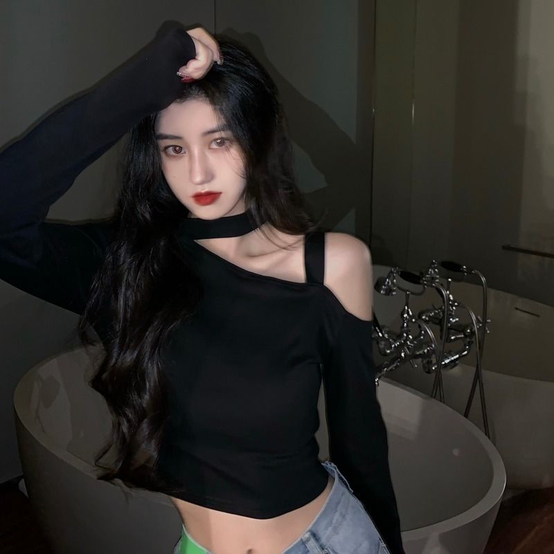 Áo crop top tay dài trễ vai màu đen phong cách Hàn Quốc cho nữ