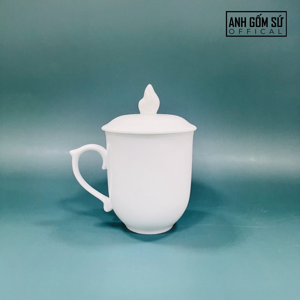 Cốc sứ có nắp Bát Tràng, cốc uống nước 350ml họa tiết sen vàng kim