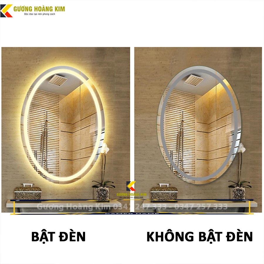 Gương đèn led treo tường oval elip bầu dục nhà tắm phòng wc trang trí makaup cảm ứng kt 70x90cm guonghoangkim HK2001