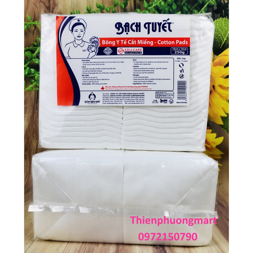 Bông Y Tế Cắt Miếng 10x10 Gói 250g - Hàng chính hãng Bông Bạch Tuyết - Bông y tế cắt sẵn vệ sinh cho bé an toàn, tiện lợ