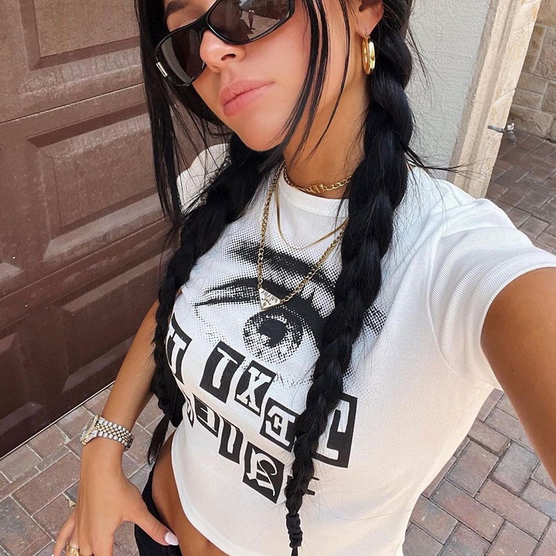 Áo Thun Ngắn Tay Cổ Tròn In Chữ Cá Tính Theo Phong Cách Đường Phố Dành Cho Nữ