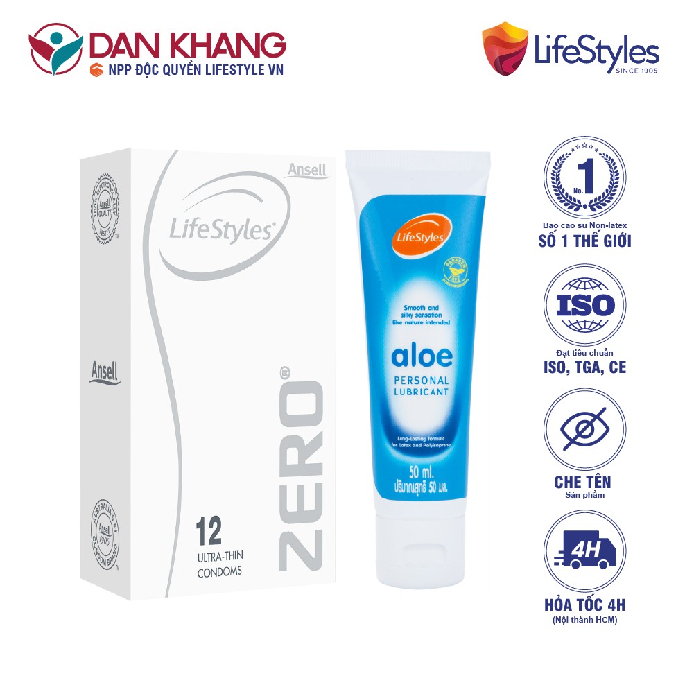 Combo Bao Cao Su LifeStyles Zero Super Thin Siêu Mỏng Hộp 12 bao + Gel Bôi Trơn Tinh Chất Lô Hội LifeStyles Aloe 50m