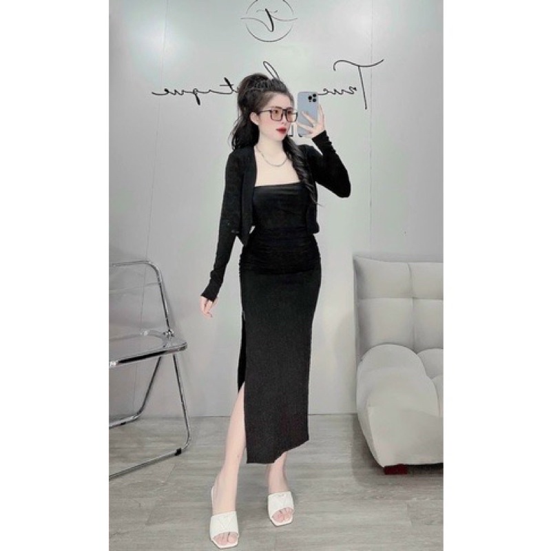 SALE 70%]SÉT VÁY ÁO  DỰ TIỆC CHUẨN MẪU HOTGIRL, TK NHÚN EO XẺ ĐÙI KÈM ÁO KHOÁC CHUẨN MẪU ĐỦ SIZE:S_M_L_XL_BIGSIZE