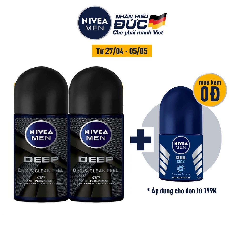 Bộ đôi Lăn ngăn mùi NIVEA MEN Deep than đen hoạt tính (50ml/chai) 80031