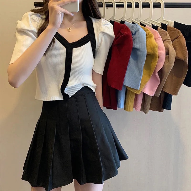 Áo Dệt Kim Nữ Màu Đen Đỏ Trắng Xanh Chất Len Mongtoghi Ngắn Tay Cổ Tim Tay Bồng Tiểu Thư Viền Phối Màu Style Hàn Quốci