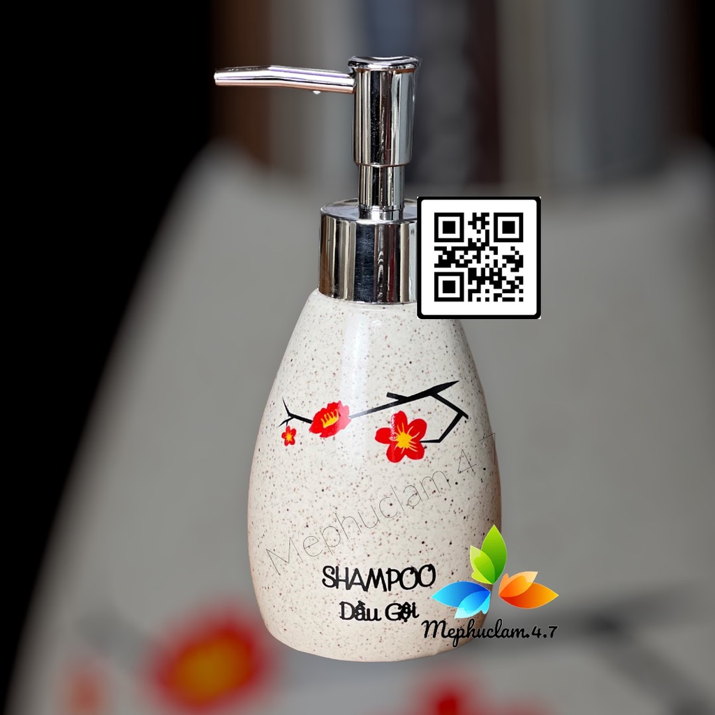 [Hỏa tốc] Bình gốm sứ đựng dầu gội, sữa tắm, nước rửa tay, cốc đánh răng dáng xoài hoa đào cho khách sạn, resort, homest