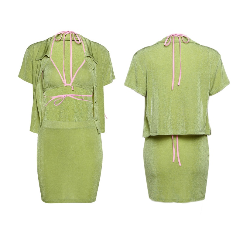 Brroa Bộ Trang Phục 3 Mảnh Gồm Áo Croptop Ngắn Tay Cài Nút + Chân Váy Ngắn Ôm Dáng Gợi Cảm Mùa Hè Cho Nữ