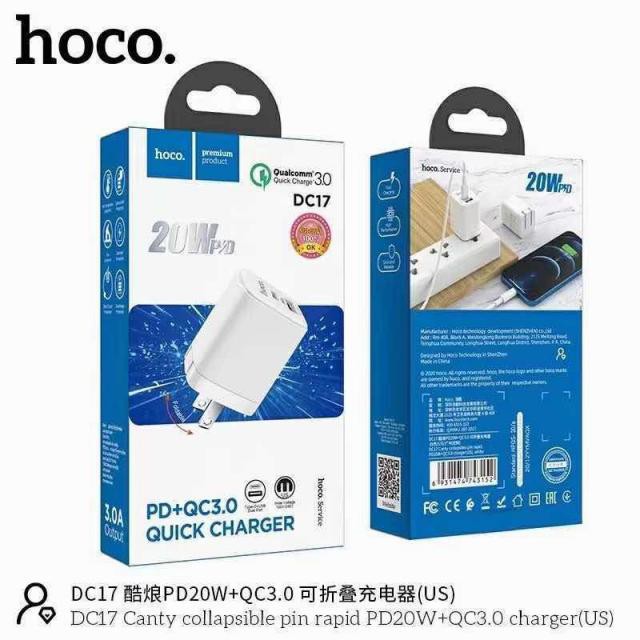 Cốc sạc nhanh PD 20W Hoco DC17 2 cổng kép ( Type-C + USB ) sạc nhanh 3A, Quick Charger 3.0, chân cắm gấp gọn ( US )