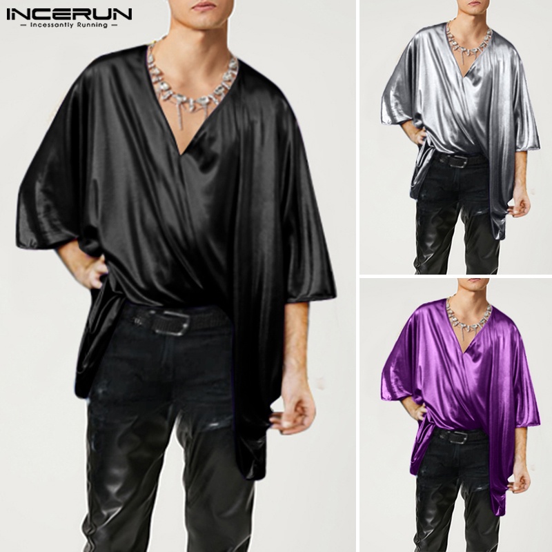 Áo thun INCERUN dài tay cổ chữ v màu sáng bóng thời trang cho nam