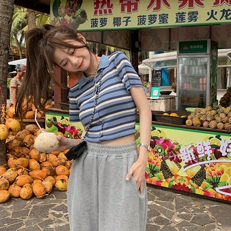 Áo cardigan ZHELIHANGFEI dệt kim ngắn tay cổ bẻ họa tiết kẻ sọc thời trang