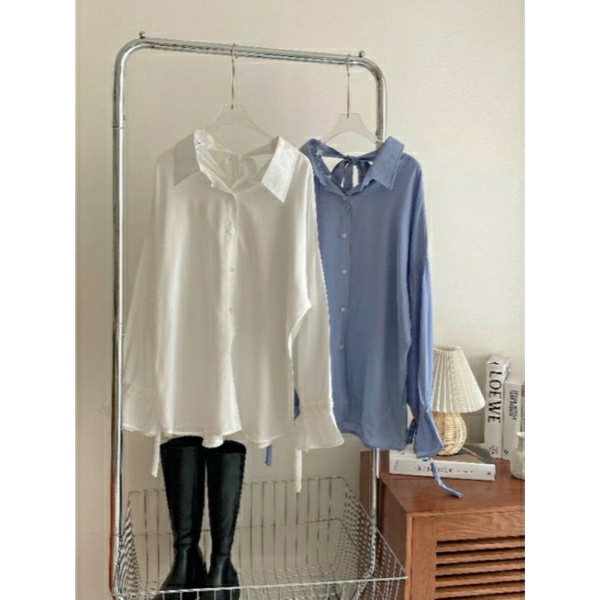 Áo sơ mi tay bồng buộc nơ sau kèm ảnh thật freesize