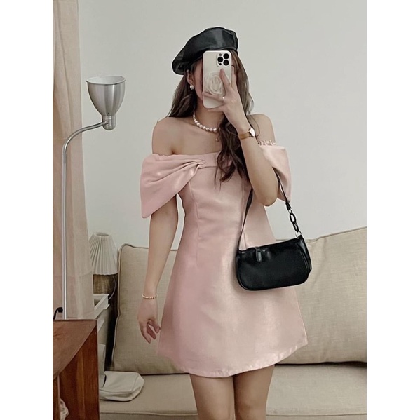 Váy dự tiệc trễ vai nơ ngực 3 màu PROMDRESS