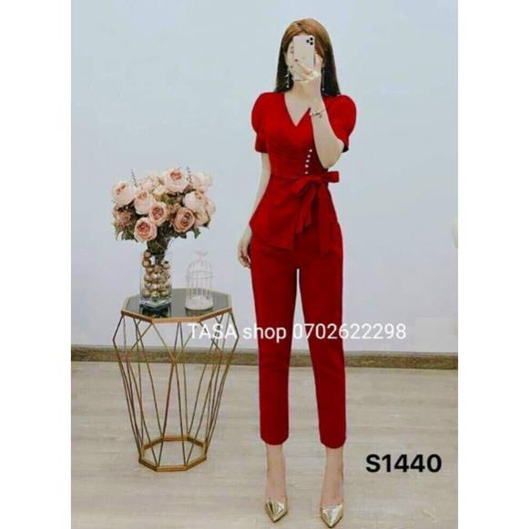 TBL-Sét Đồ Bộ Kiểu Nữ Đi Chơi Áo Xếp Ly Đính Nơ Đóng Cườm Tay Tơ Lưới &amp; Quần DàiJumpsuit (đỏ, hồng, đen, xanh) TASA