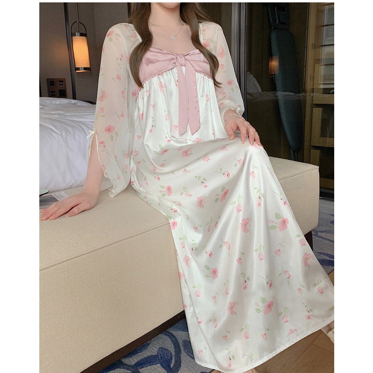 Váy lụa nữ pastel mặc ngủ hoa hồng ngọt ngào quảng châu