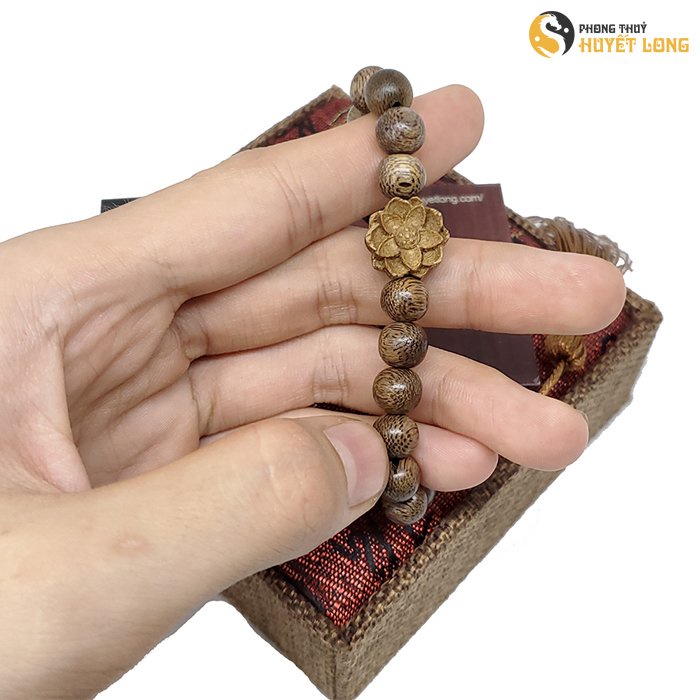 Vòng Tay Trầm Hương Hạt Tròn Mix Hoa Sen Gỗ, Vòng Phong Thủy Huyết Long