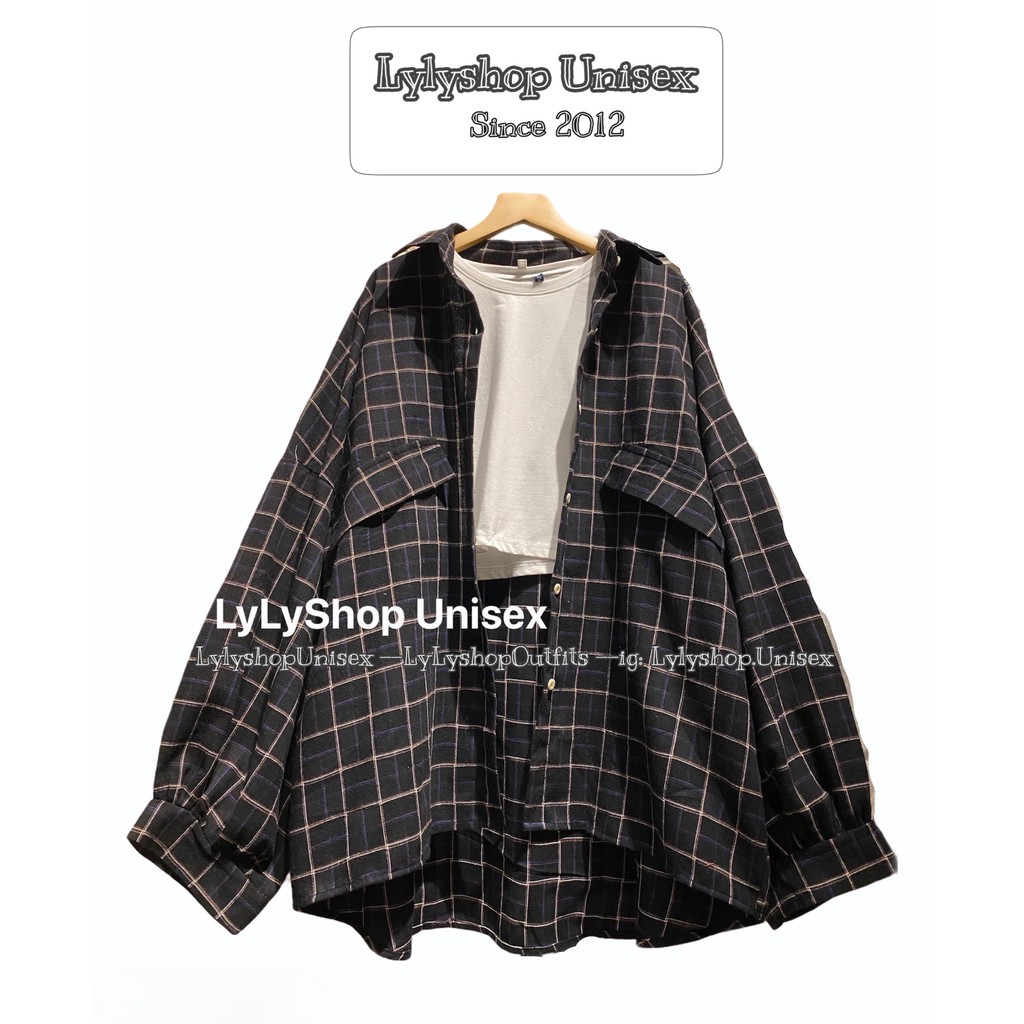 Áo sơ mi nữ form rộng Lylyshop Unisex M01, kiểu sơ mi tay phồng kẻ sọc caro chất kate cotton mềm mịn mặc muà hè - thu