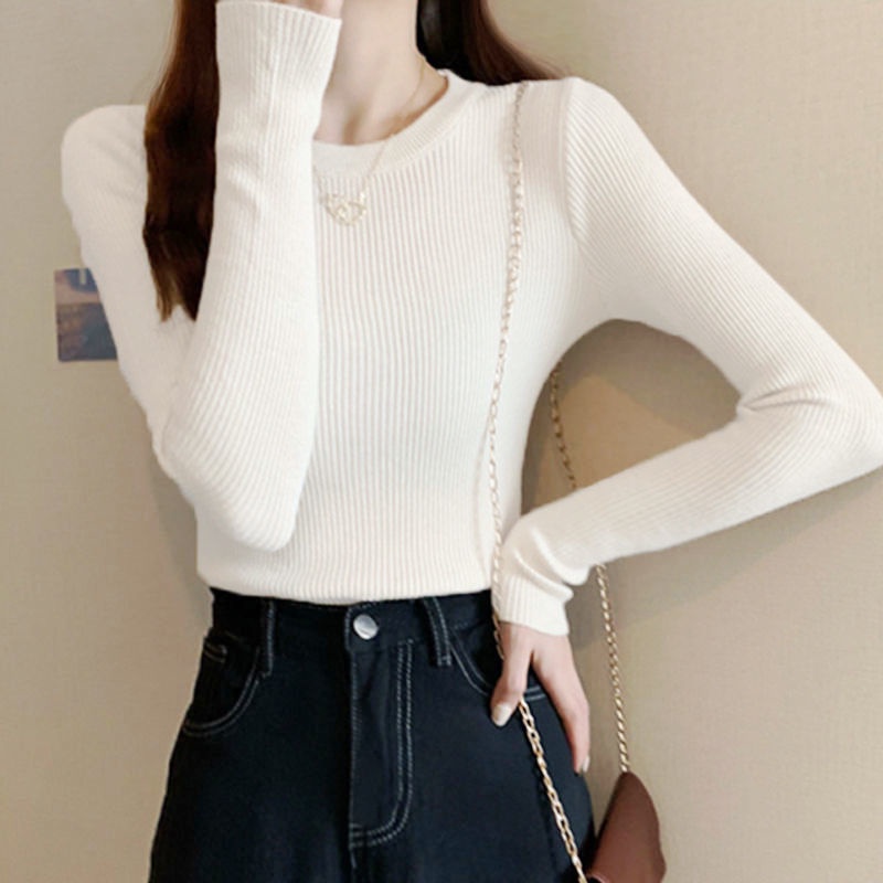 Áo Len Tay Dài Cổ Tròn Màu Trắng Đen Thời Trang Cho Nữ