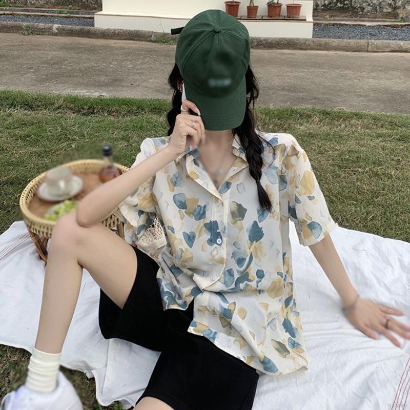Áo Sơ Mi Chiffon Mỏng Tay Ngắn Dáng Rộng In Họa Tiết Kiểu Retro Hàn Quốc Thời Trang Mùa Hè Cho Nữ